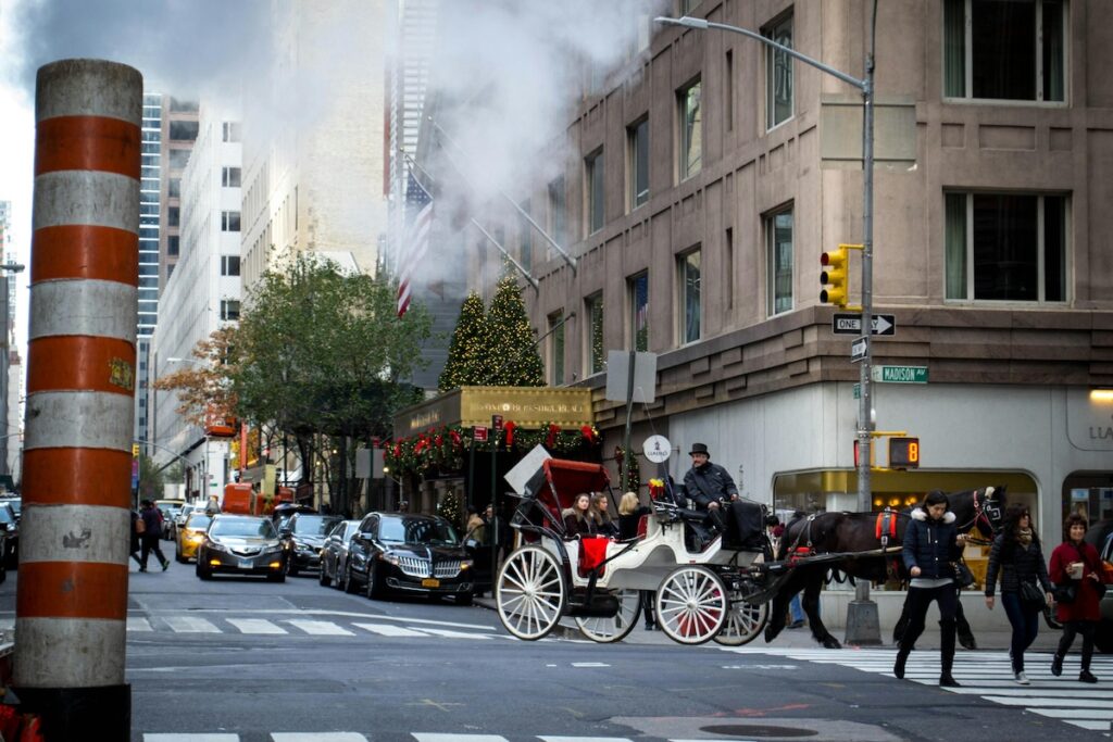 A street in NYC at Christmastime with a horse and carriage and little Christmas trees and decorations on a building