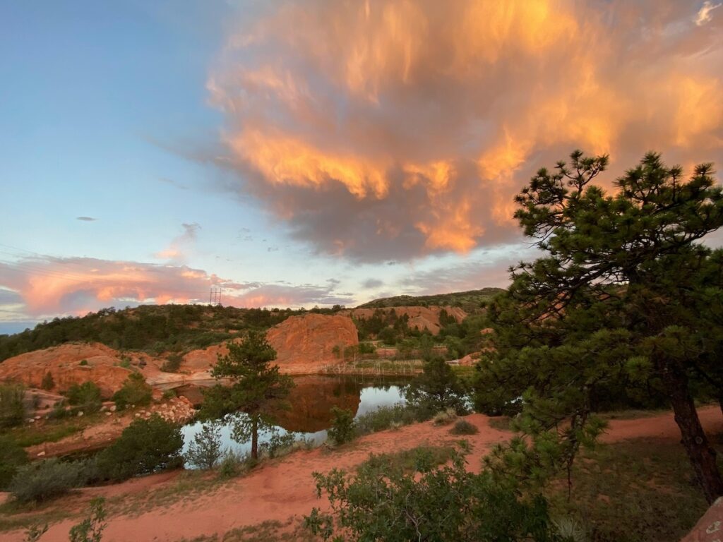 A landscape in Manitou Springs, Colorado at sunset