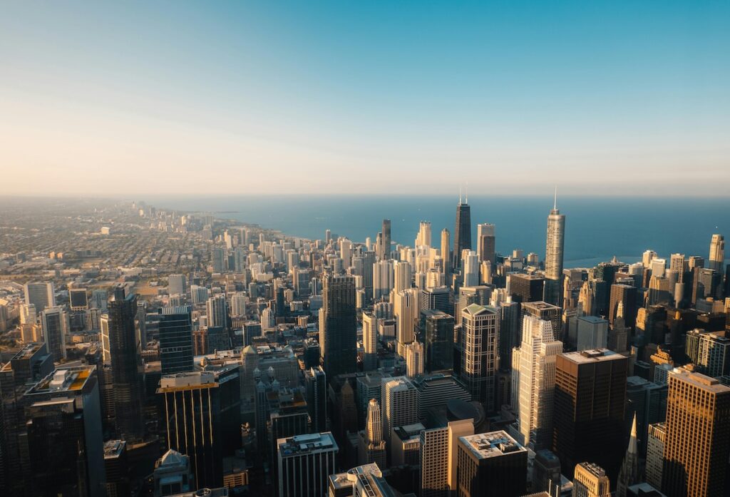 Aerial view of the skyline and coast in Chicago, Illinois