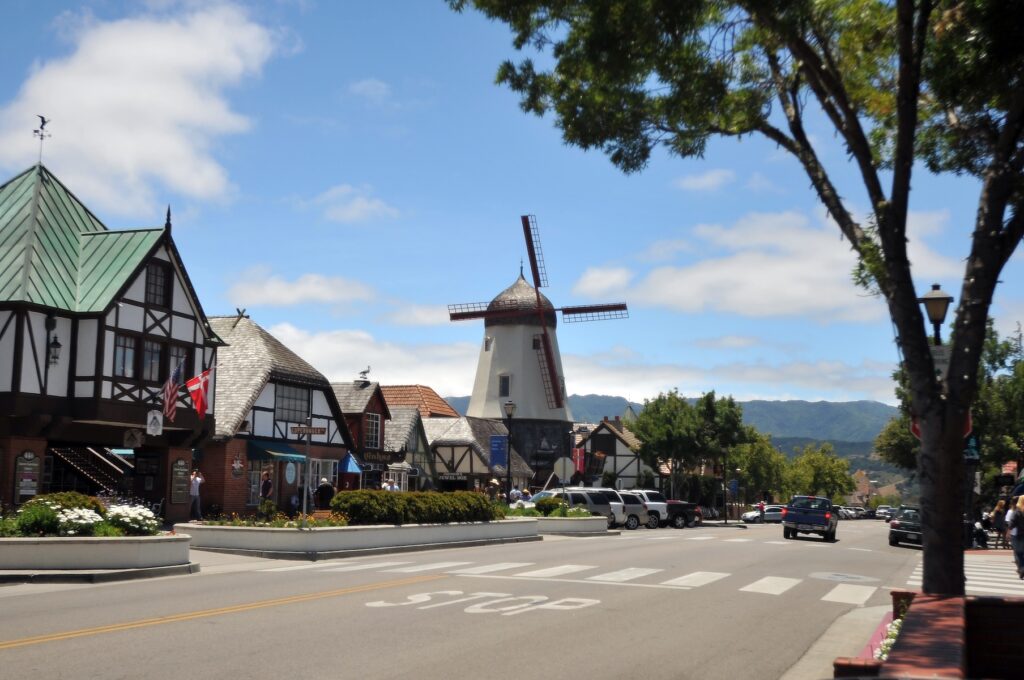 Main Street and Alisal Road in downtown Solvang, California, with Danish-style architecture and a peaceful small-town feel